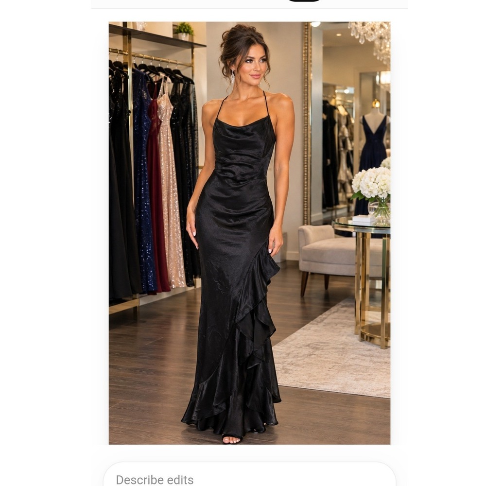 Boutique Black Satin Cowl Neck Ruffle Lace Up Back Formal Maxi Gown Dress
